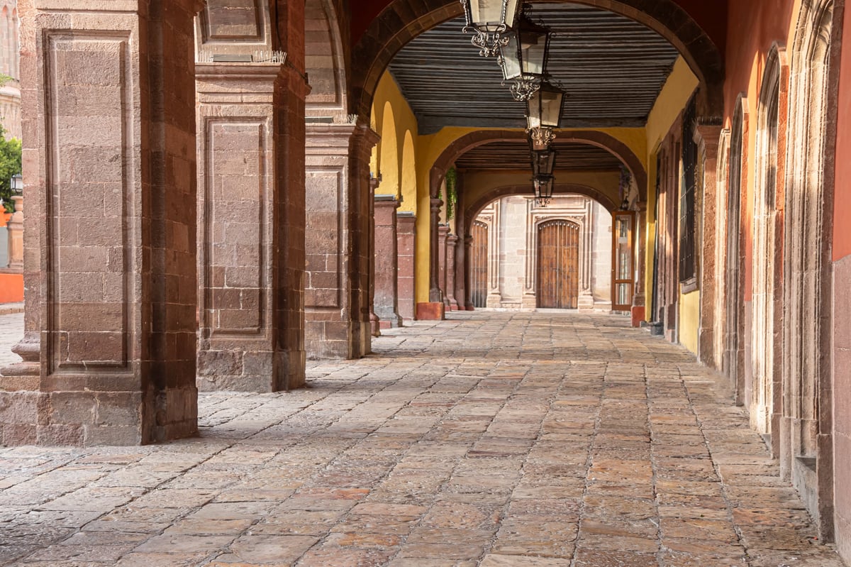 Colonial hallway with 16th century architecture in Santo Domingo, Dominican Republic