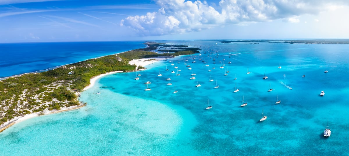 Aerial view of beautiful beach with turquoise ocean in Saona Island, Dominican Republic