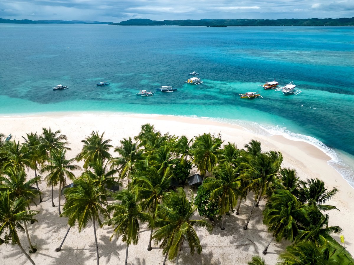 Tropical beach with palm trees and boats in Punta Cana, Dominican Republic