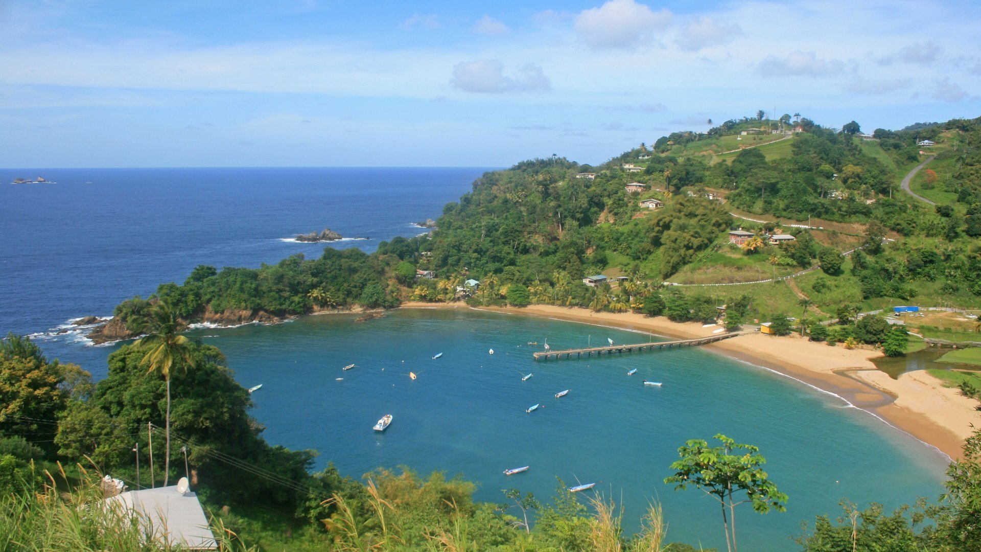 Forested hills curving around the calm blue horseshoe of Parlatuvier Bay on Tobago's north coast