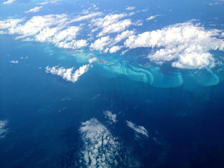 Aerial view of sandbars and shallows in the Exumas, The Bahamas