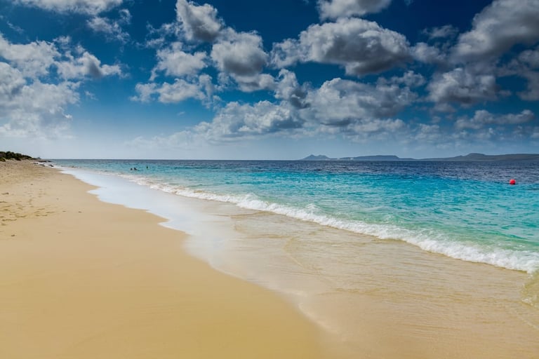 Pristine sandy beach with turquoise waters, white waves, and blue sky with fluffy clouds under bright sunlight