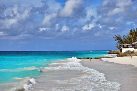 Turquoise water and white sand on a beach in Barbados