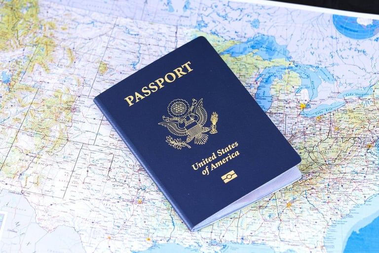 U.S. passport book lying on a map