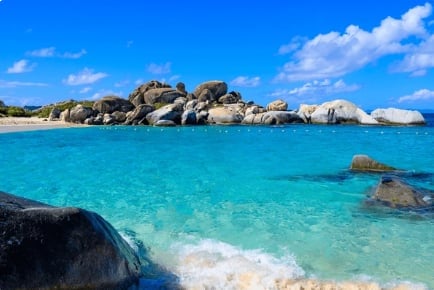 Turquoise ocean water with large boulders on a sandy beach under clear blue sky