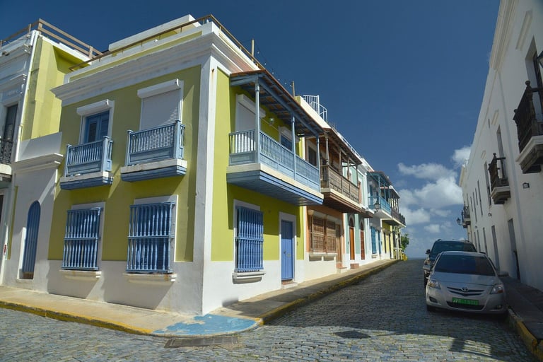 Colorful houses on a corner in Old San Juan, Puerto Rico