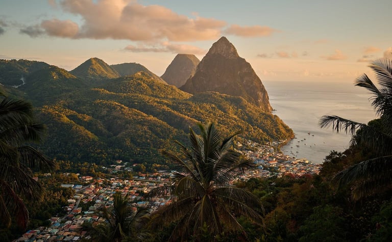 Sunset over Soufrière and the Pitons, St. Lucia