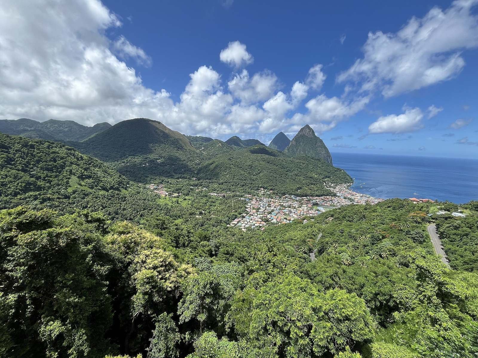 Soufrière town and the Pitons, St. Lucia