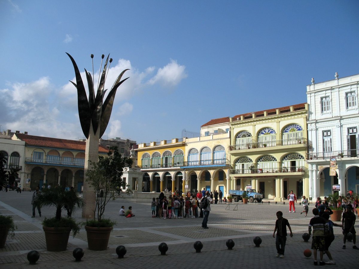 Pastel colonial buildings around Plaza Vieja in Old Havana