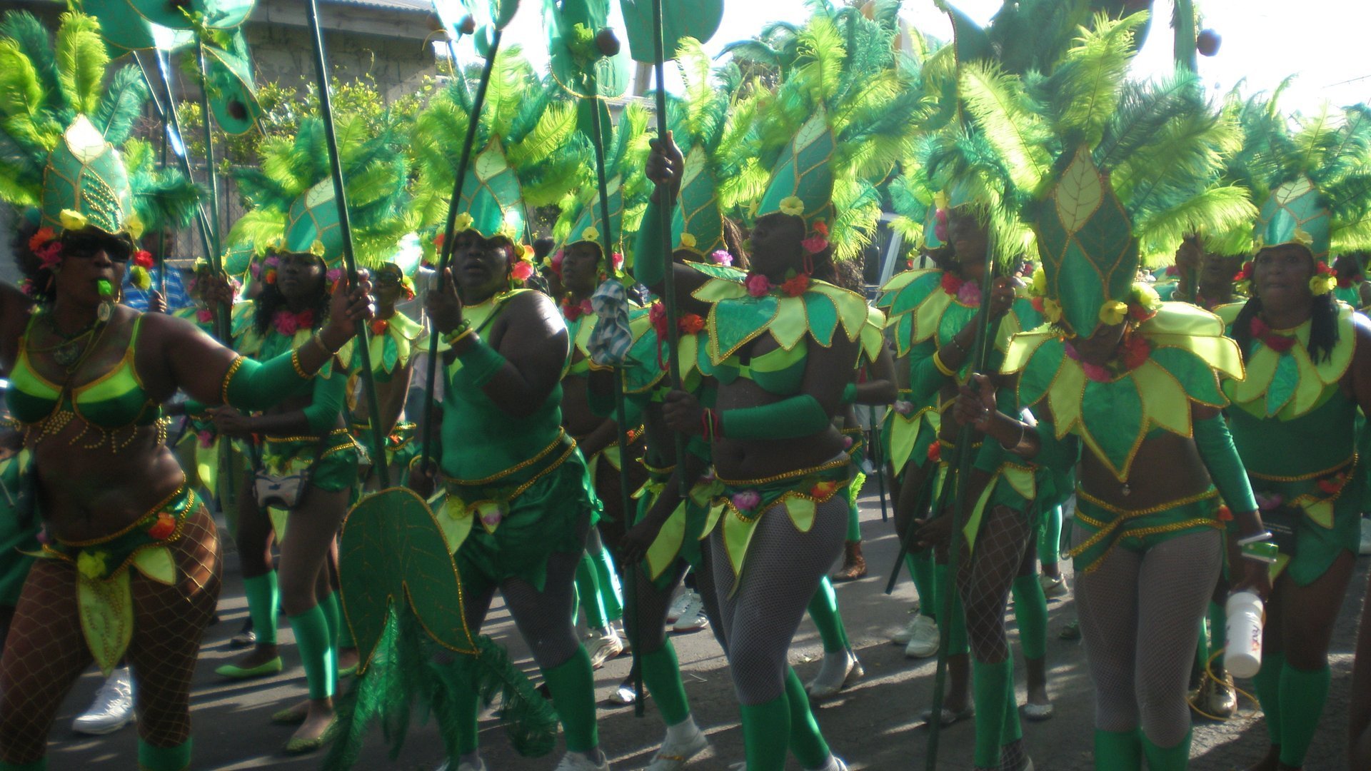 Masqueraders in green feathered costumes dancing in the street at Antigua Carnival