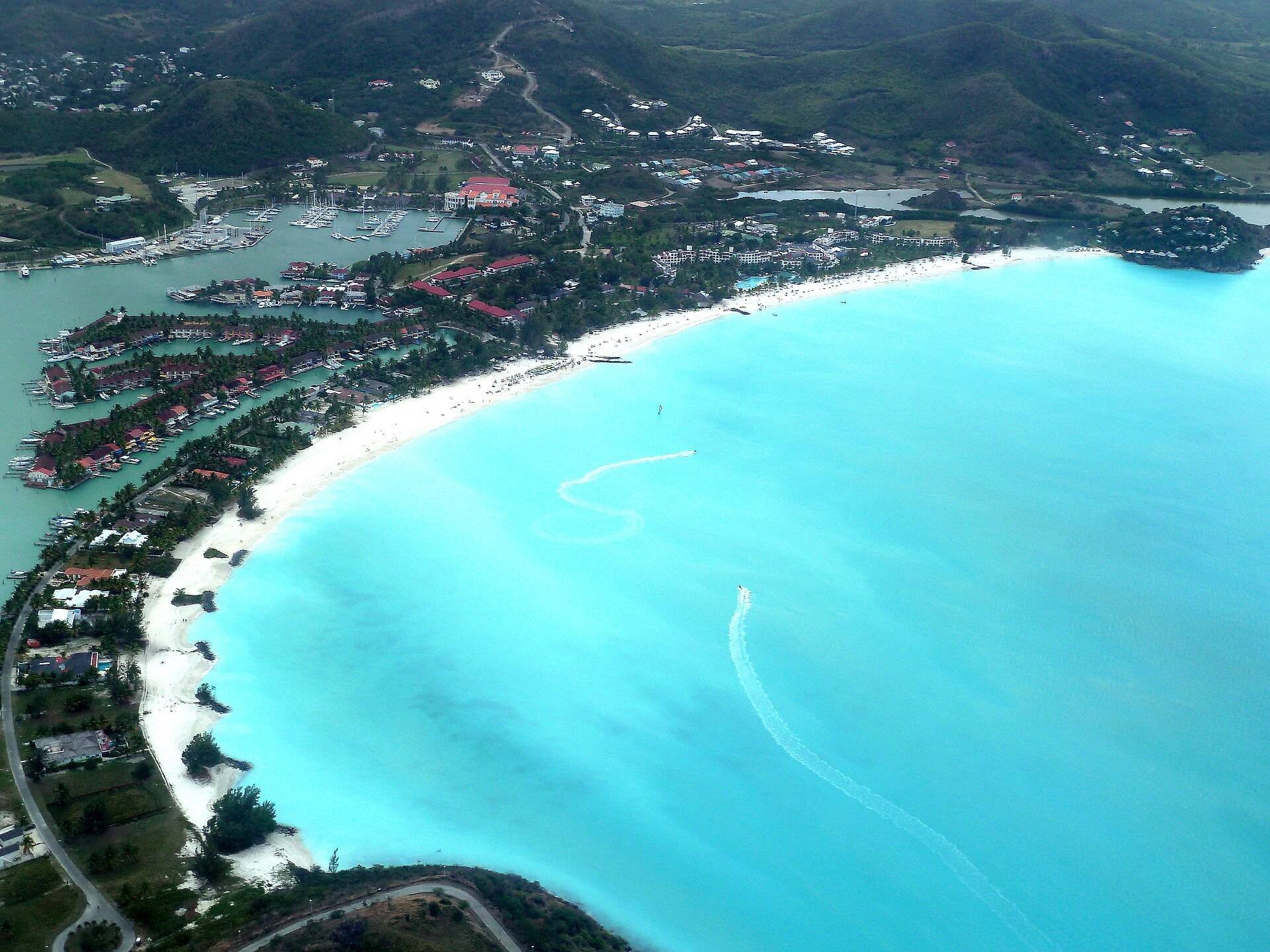 Aerial view of Jolly Beach and Jolly Harbour, Antigua