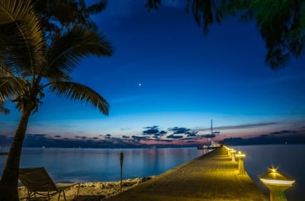 Illuminated pier extending into calm tropical waters at dusk with palm trees and star-filled sky