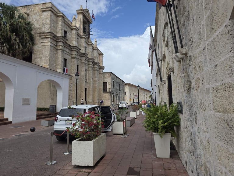 Stone colonial buildings along Calle Las Damas in Santo Domingo's Colonial City